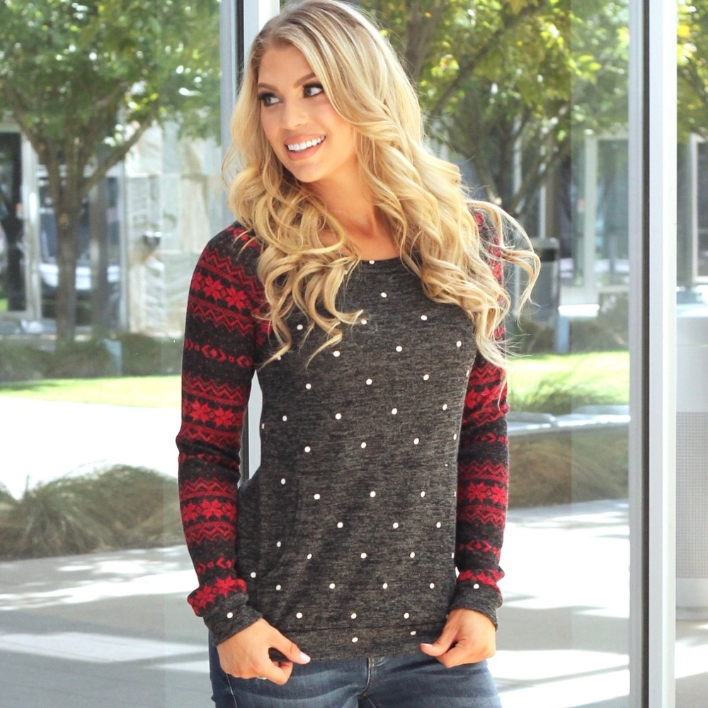 Holiday Print Sleeve Sweater-red